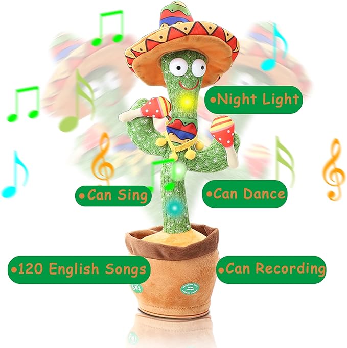 Dancing and Singing Cactus Toy - Repeat What You Said and Emit Colored Lights - USB Charging