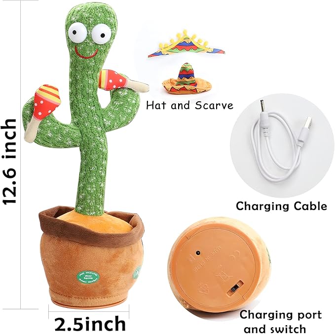 Dancing and Singing Cactus Toy - Repeat What You Said and Emit Colored Lights - USB Charging