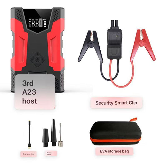 Emergency startup power supply, battery charger, air pump integrated device